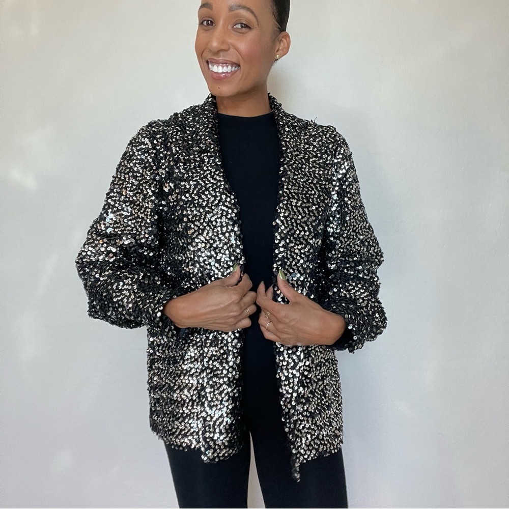 Vintage Sequin Silver Jacket W/ Button Sleeves - image 4